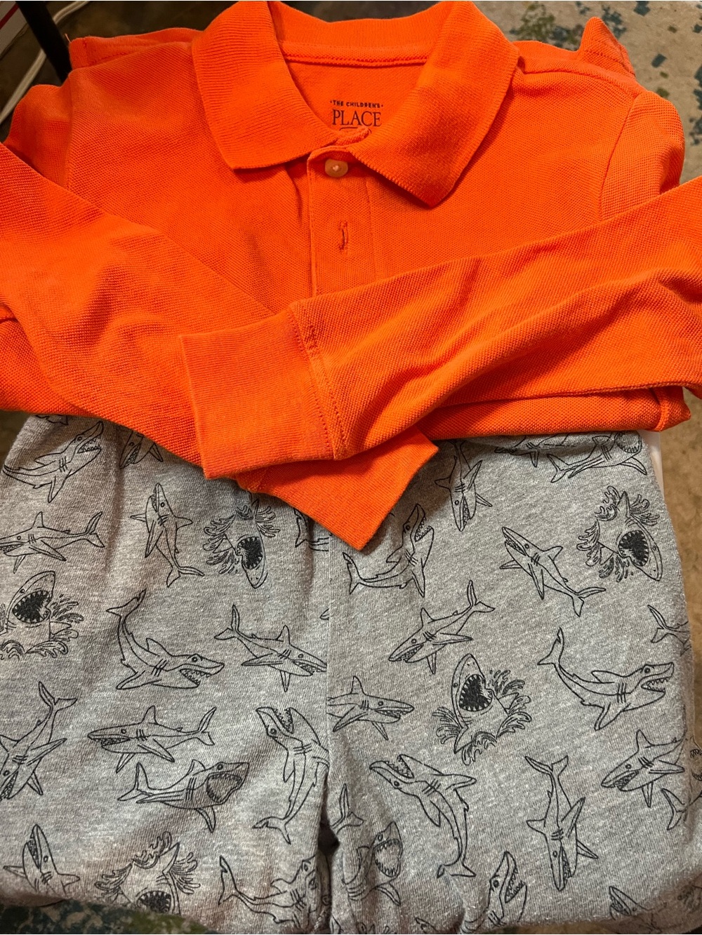 The Children's Place Orange Polo Top and Gray Shark Print Shorts